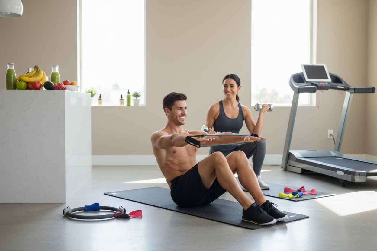 banner con una pareja el haciendo pilates  ella haciendo pesas estan en casa comen comida saludable, lo cual saldra al fondo del banner la pareja la situas en el centro del banner junto a una cinta para correr, Bandas de resistencia y tambien necesito el nicho cuidado de la piel. no pongas letras ni botones , el banner se tiene que ver bien en en los moviles y en el ordenador estilo fotografico y en el banner se debe de poder poner letras en  blanco
