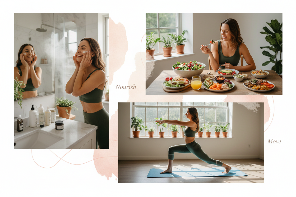 mujer que se cuida su cara en su casa, mujer que come una dieta variada y sana  y tambien haciendo pilates y todo en su cara  rutina de cuidado personal